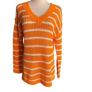 Talbot's Size LP Pull Over Open Weave Striped Cotton Sweater Orange White